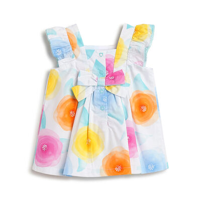 Girls White and Yellow Printed Short Sleeve Dress